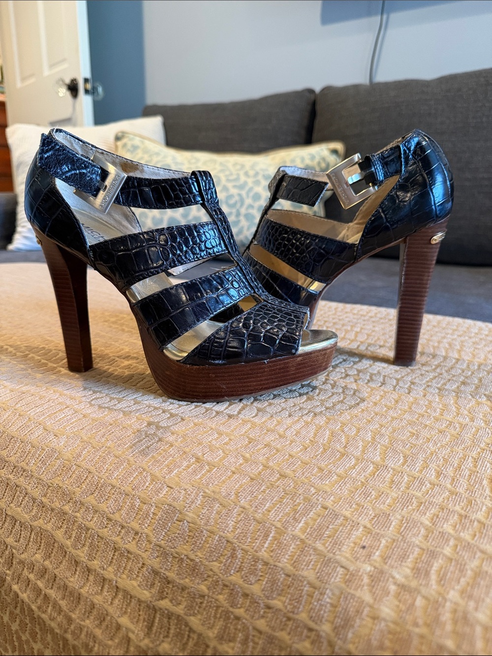 Michael Kors Black Croc-Embossed Strappy Platform Heels